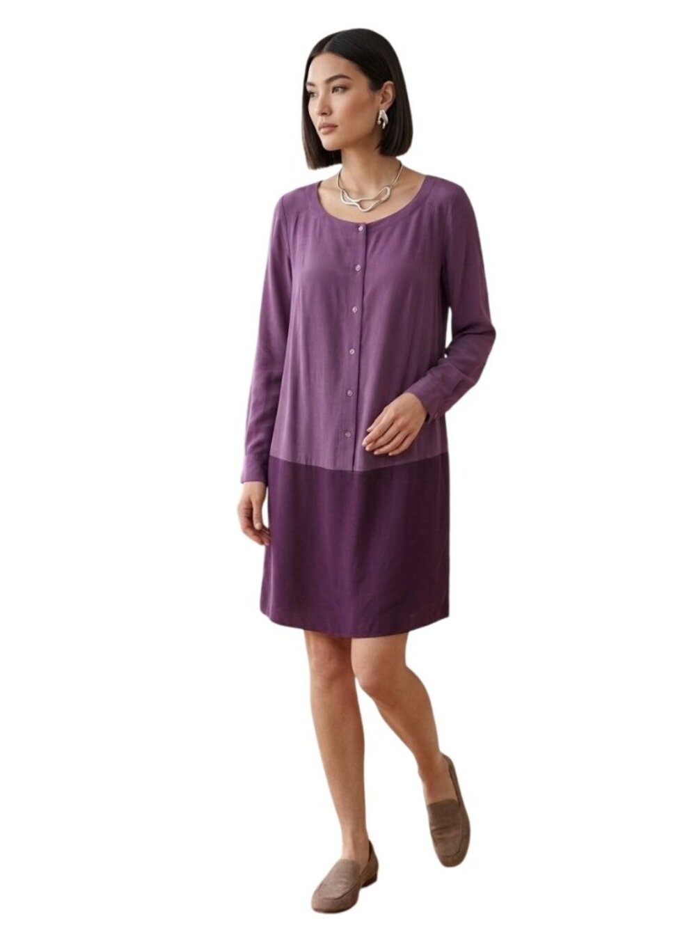 Eileen Fisher Two Tone Plum Silk Ballet Neck Shirt Dress Relaxed Fit Pockets Siz